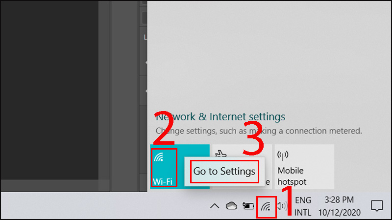 Chọn vào biểu tượng cột sóng > Nhấp chuột phải vào Wi-Fi > Nhấp vào Go to Settings